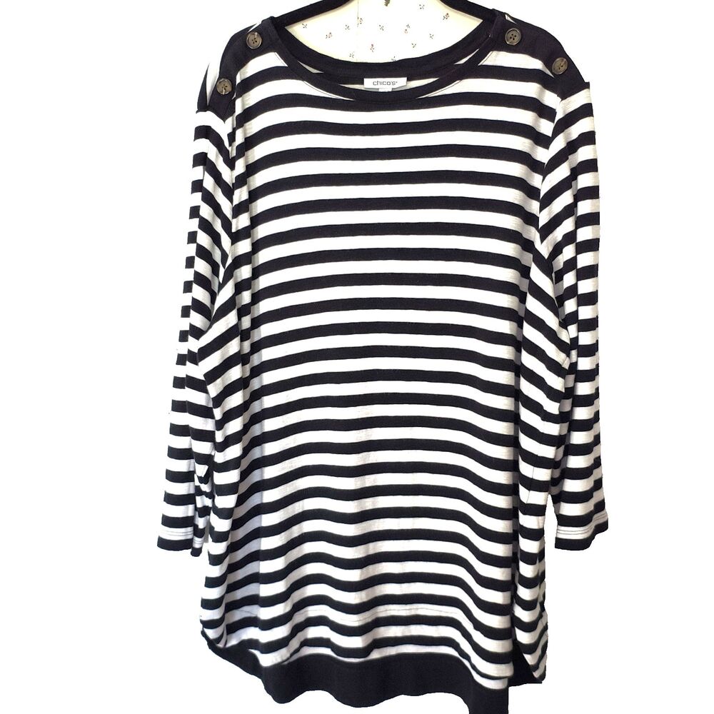 Chico's Top 4* (XXL 20/22) Black White Striped Blend Shoulder Buttons Hi Lo
